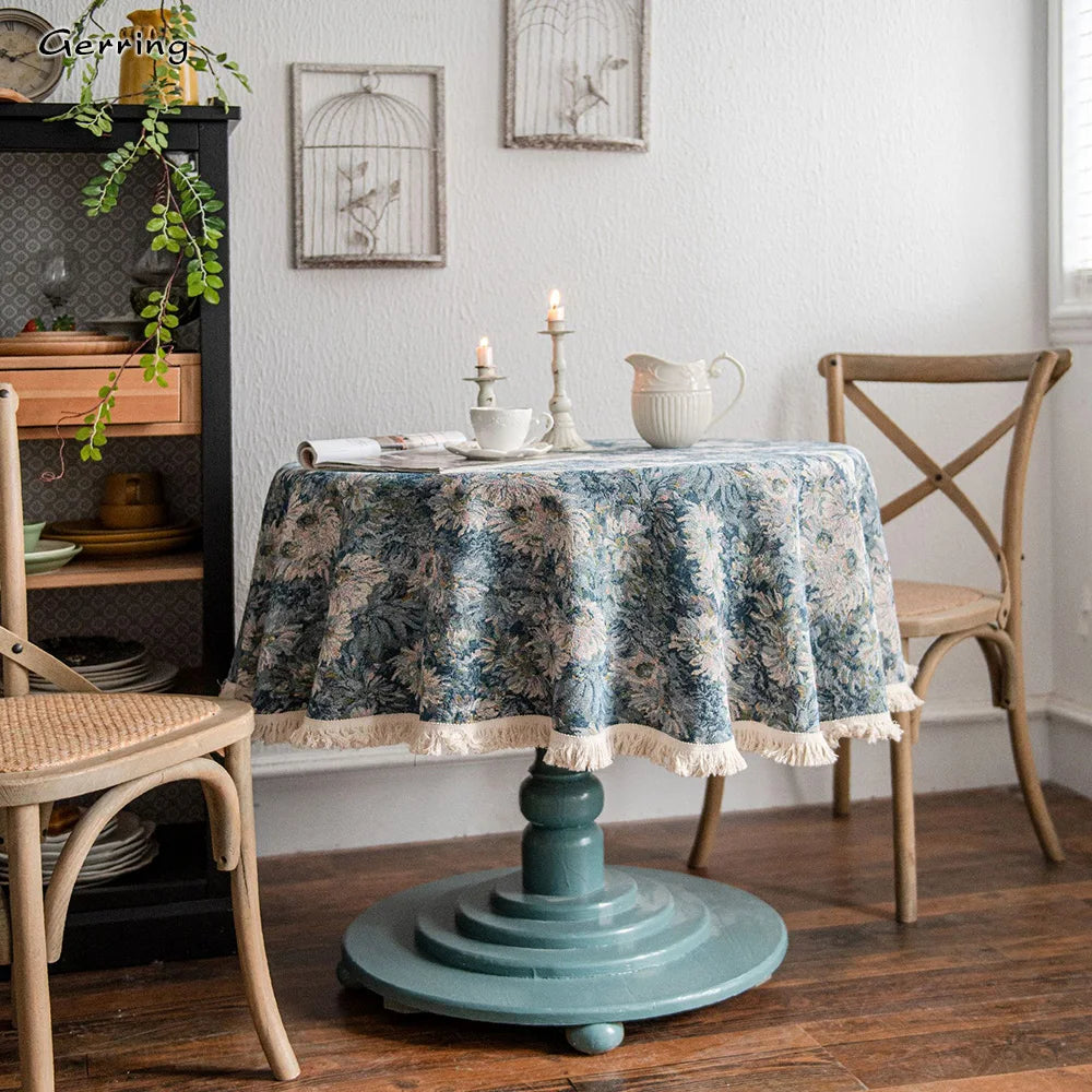 Toalha De Mesa Redonda Jacquard Americana, Tampa Da Mesa De Café, Pano Grosso, Pintura A Óleo Azul Americano, Natal