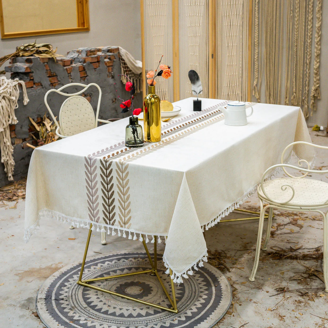 Toalhas de mesa bordadas de linho de algodão retângulo capa de mesa à prova de poeira, toalhas de mesa com padrão de flor bordada, decoração de festa