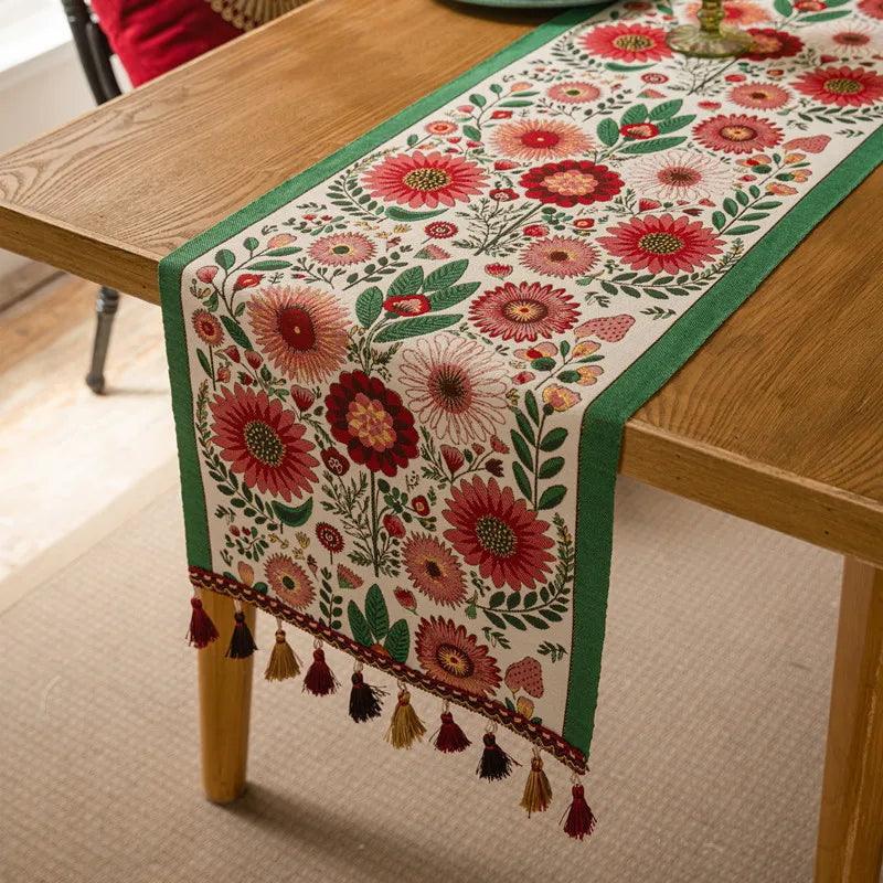 Corredor de mesa vintage estilo americano com tecido jacquard floral e borla para mesa de centro, sala de estar, decoração de casa, cauda de cama