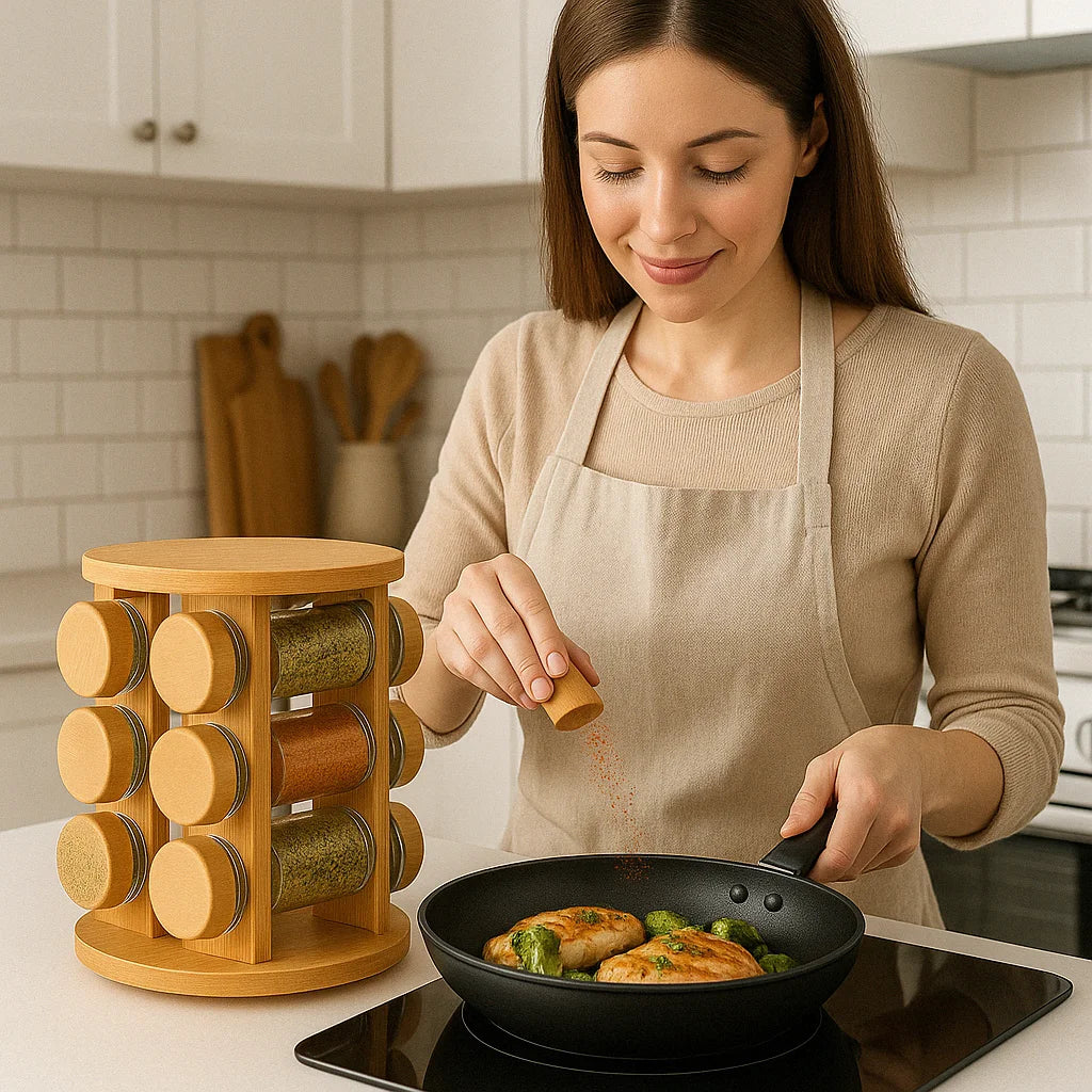 Porta Temperos Giratório Bambu com 12 Potes de Vidro Herméticos Design Sofisticado Premium