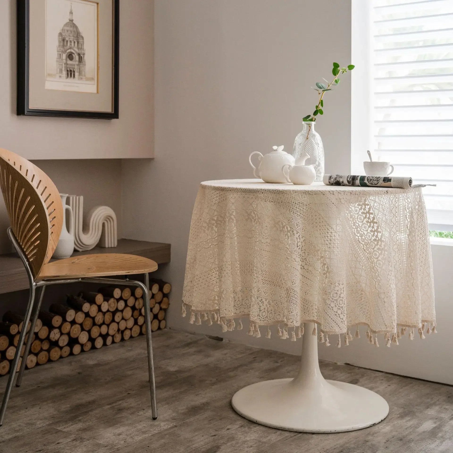 Toalha de mesa de algodão com borlas bege, fio de crochê transparente, renda translúcida para festa de casamento, cozinha, mesa de jantar decorativa