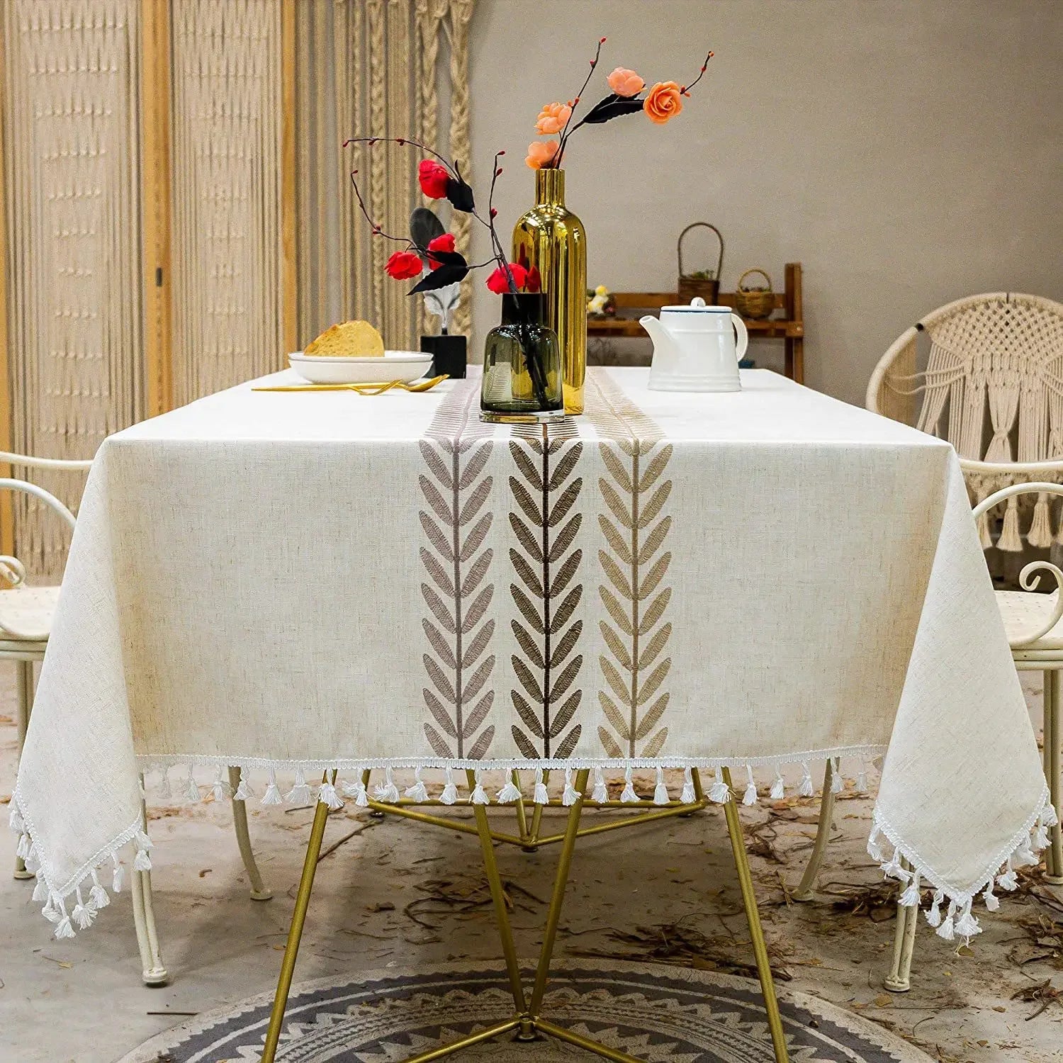 Toalhas de mesa bordadas de linho de algodão retângulo capa de mesa à prova de poeira, toalhas de mesa com padrão de flor bordada, decoração de festa
