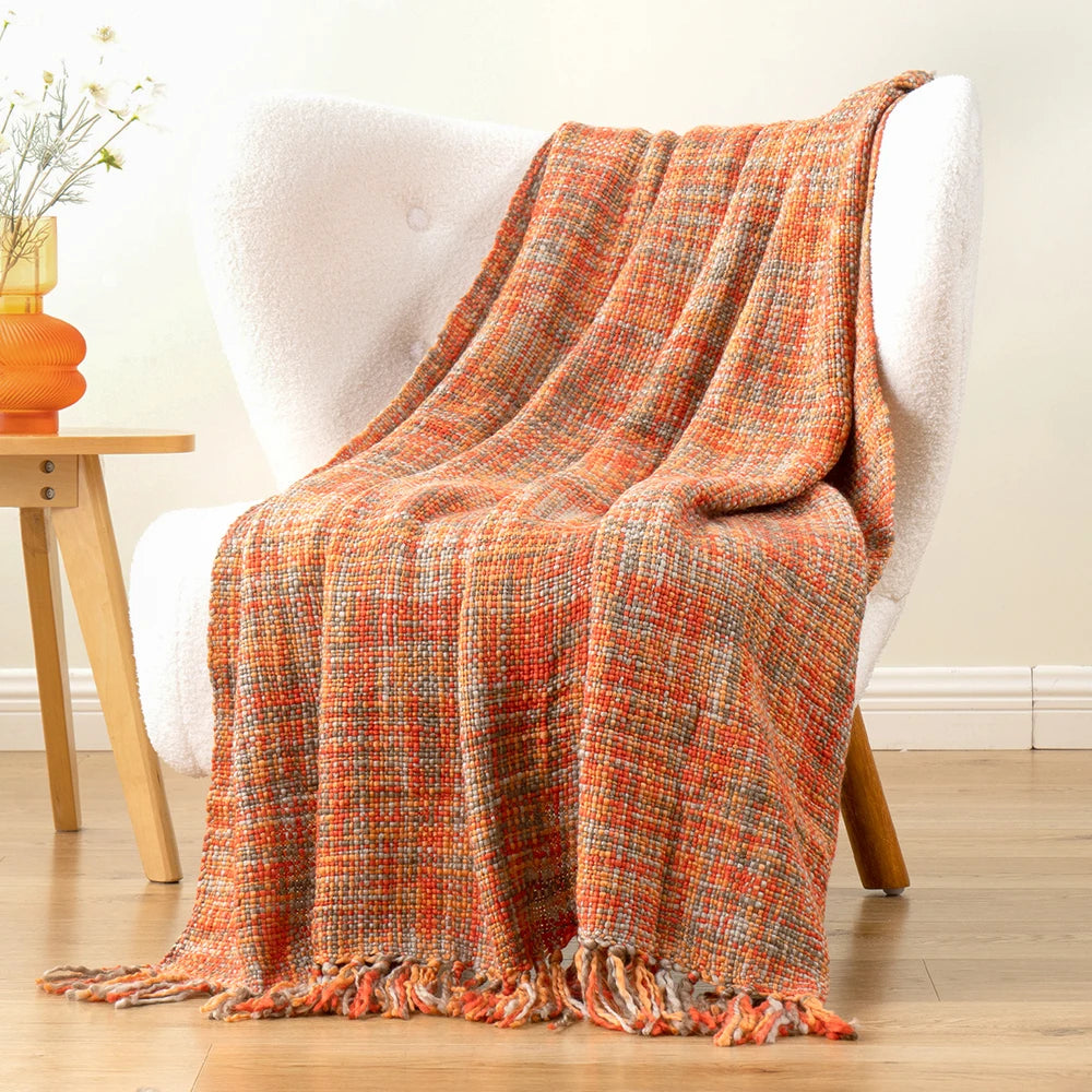 Battilo-Laranja Cobertor Boho com Borlas, cabo colorido cobertores de malha para cama, sofá decorativo outono, decoração para casa