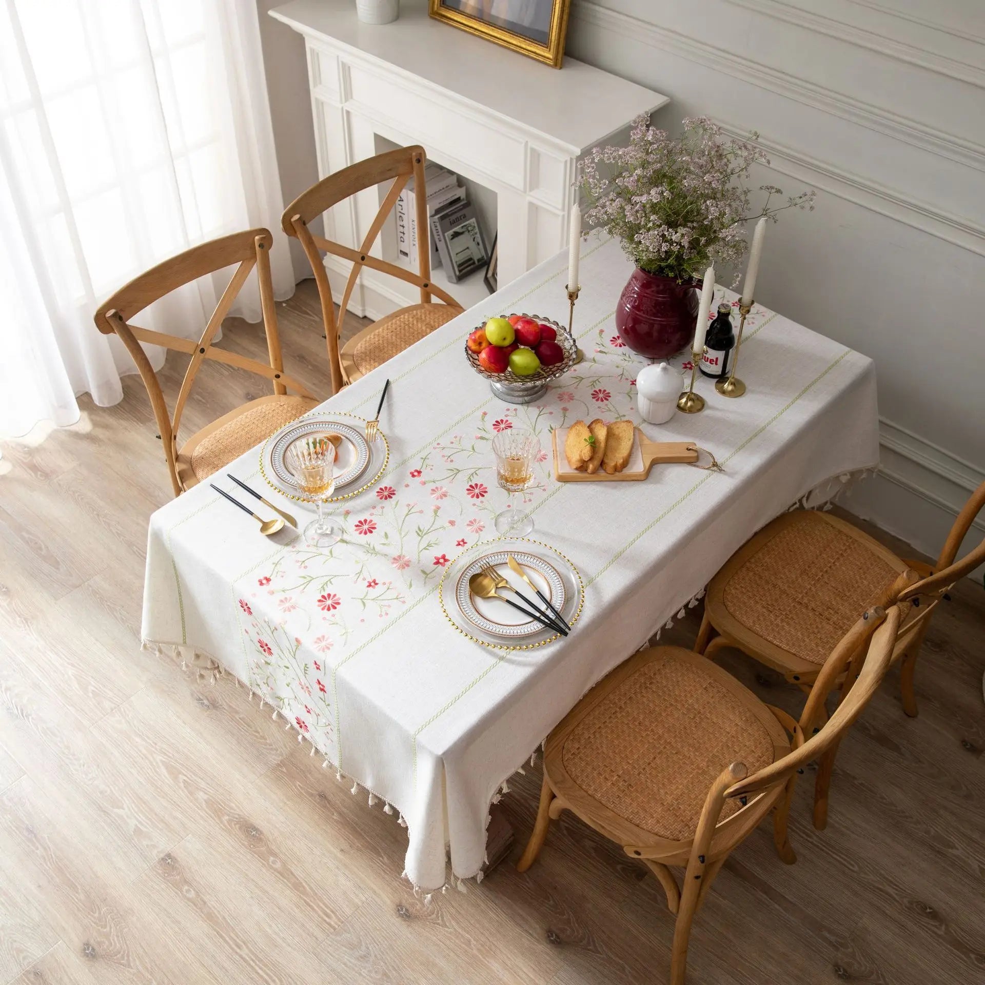 Toalhas de mesa bordadas de linho de algodão retângulo capa de mesa à prova de poeira, toalhas de mesa com padrão de flor bordada, decoração de festa