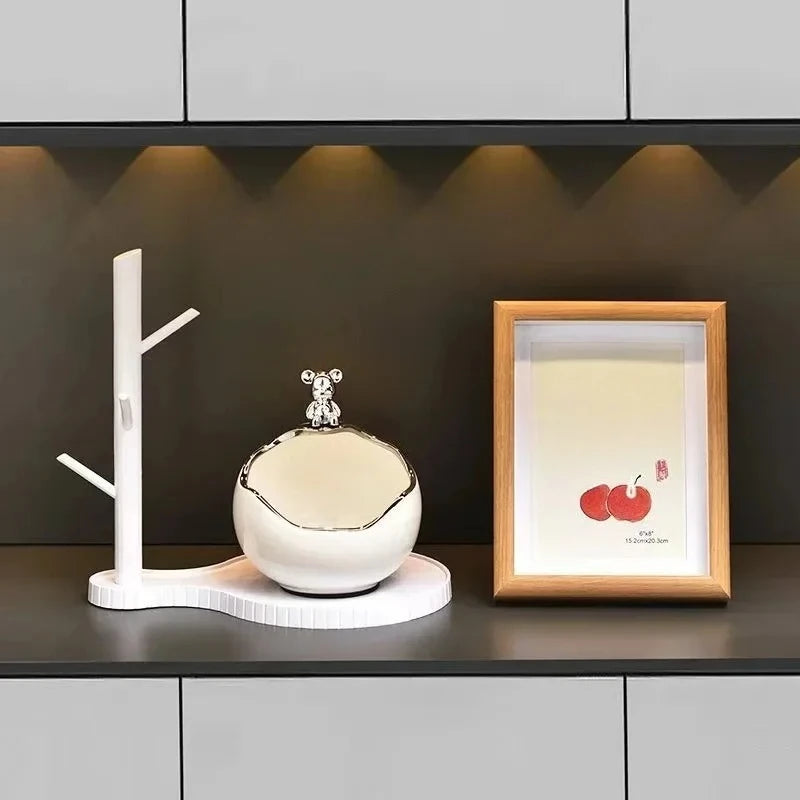 Bandeja de urso de cerâmica estátua acessório armazenamento chave titular tigela de doces jóias brincos adequado para casa moderna mesa escritório decoração