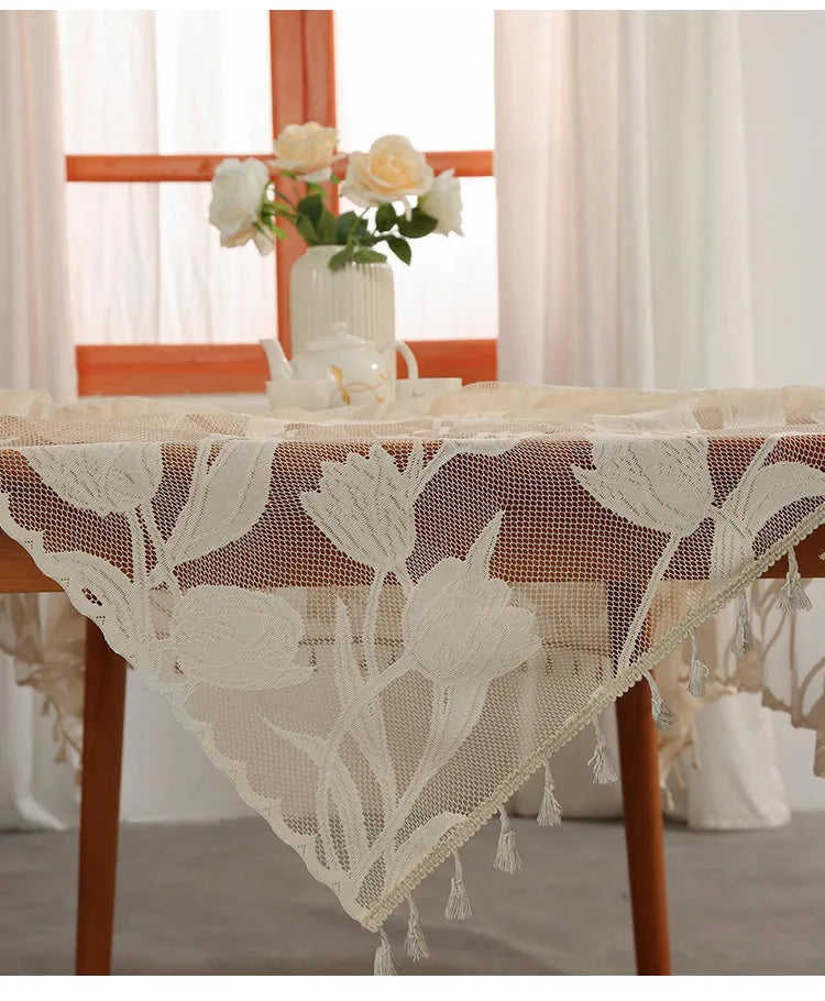 Toalha de mesa retangular de renda, decoração e acessórios, toalha de mesa simples com borla, estilo nórdico, panos para casa