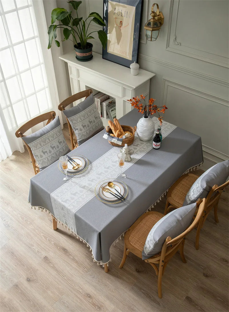 Toalha de mesa de algodão linho listra borla resistente a manchas à prova de poeira capa de mesa rústica para cozinha jantar mesa decoração de natal