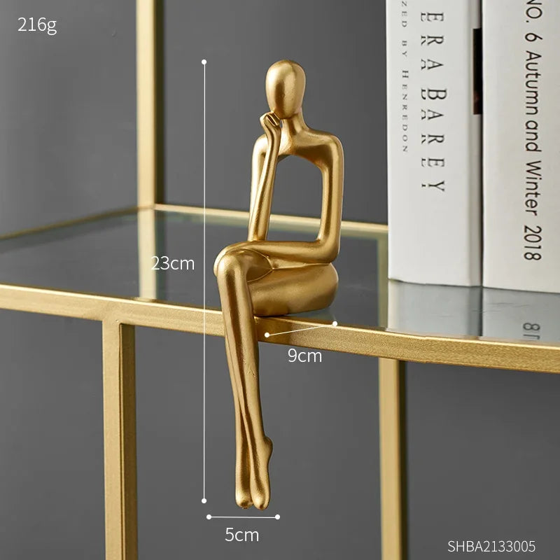 Golden Bookshelf Escultura Decorações para Sala De Estar, Figurinhas Modernas, Decoração Para Casa, Estátuas Do Pensador, Prateleira Mesa Decor