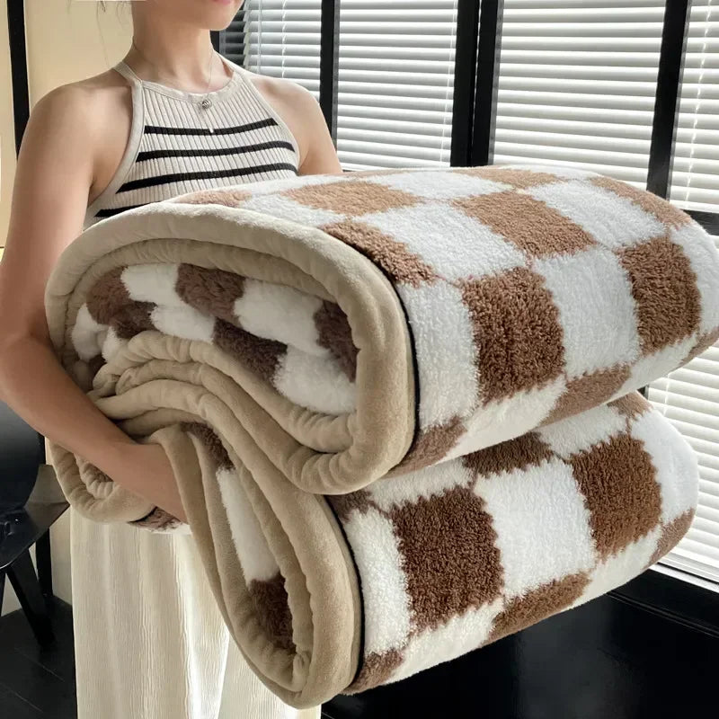 Inverno grosso um grau xadrez coral velo macio quente grosso cobertores de cama de pelúcia sofá cobertor folha de cama material de escritório em casa