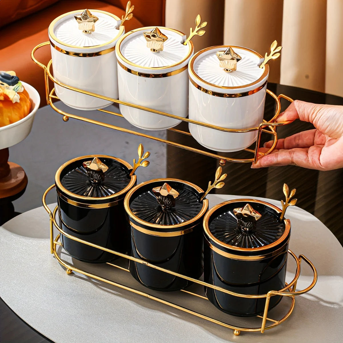 Conjunto Luxo 3 Potes de Temperos com Colher e Rack - Casa Ornato