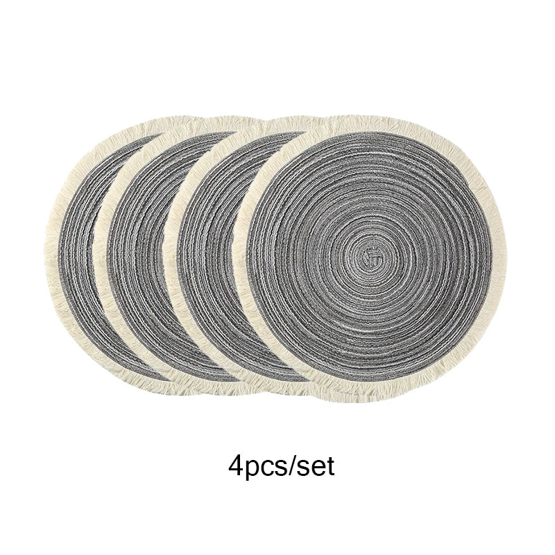 4 pçs/set venda quente franja eco-friendly casa antiderrapante estilo morden mesa tecido placemats poliéster tapete redondo