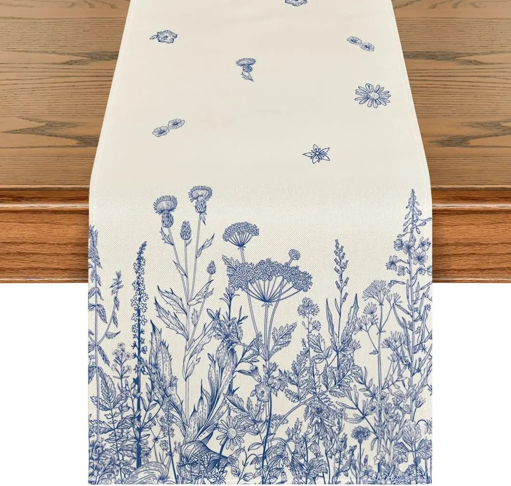 Corredor de Mesa Linho Flores Silvestres Azul Antigo - Casa Ornato