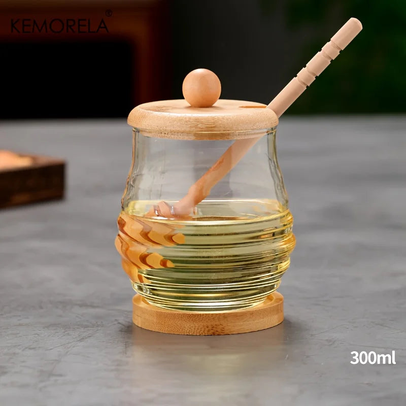 Kemorela tanque de vidro em forma de favo de mel, ferramentas de cozinha, recipiente de armazenamento de mel com cazo e tampa, garrafa de mel para festa de casamento, jantar