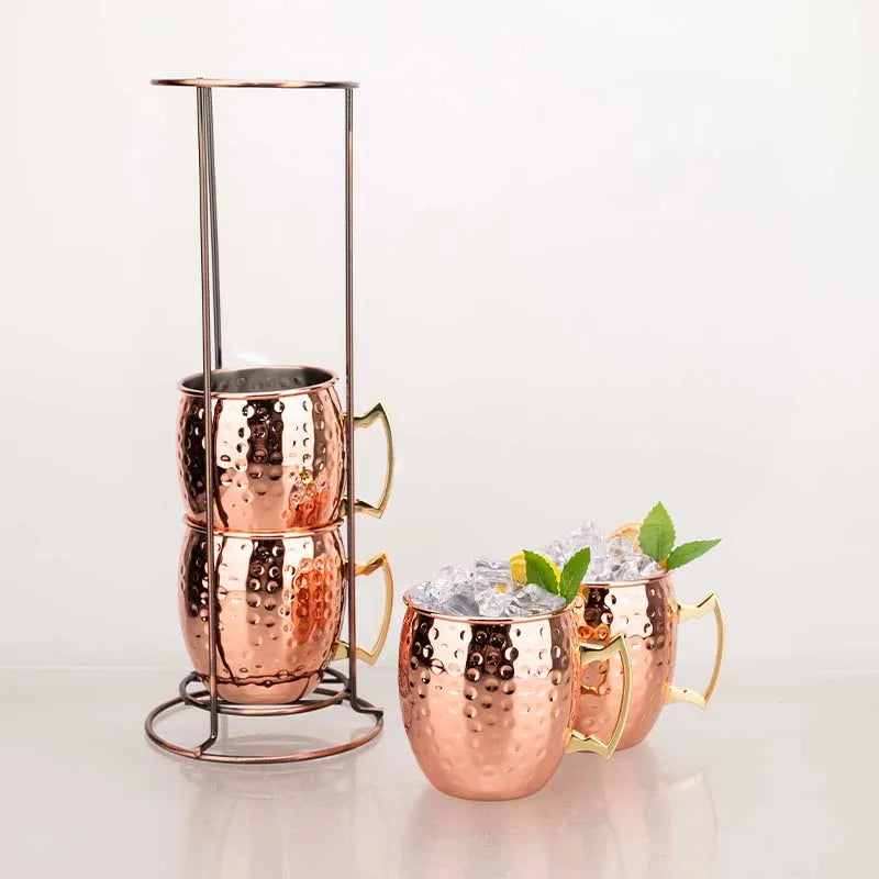 Conjunto de canecas mule de Moscou, 4 unidades, 500ml com rack de ferro – copos de cobre martelados de aço inoxidável 304 para coquetéis, cerveja, utensílios para bebidas de uísque