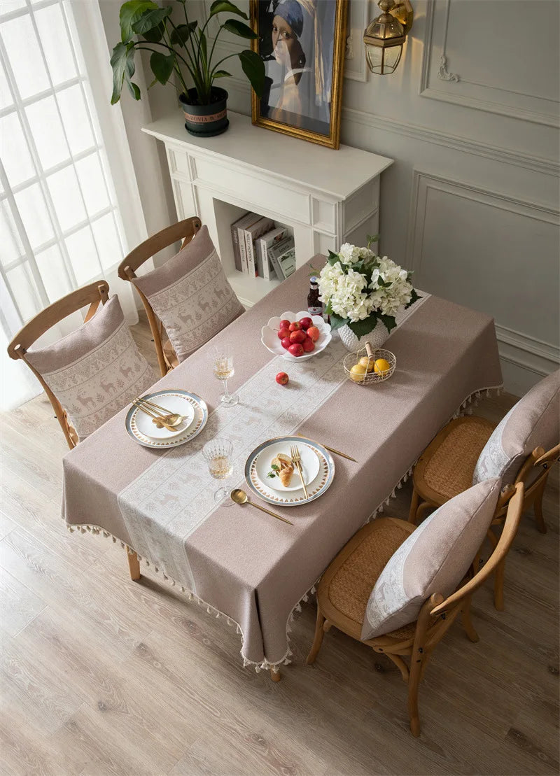 Toalha de mesa de algodão linho listra borla resistente a manchas à prova de poeira capa de mesa rústica para cozinha jantar mesa decoração de natal