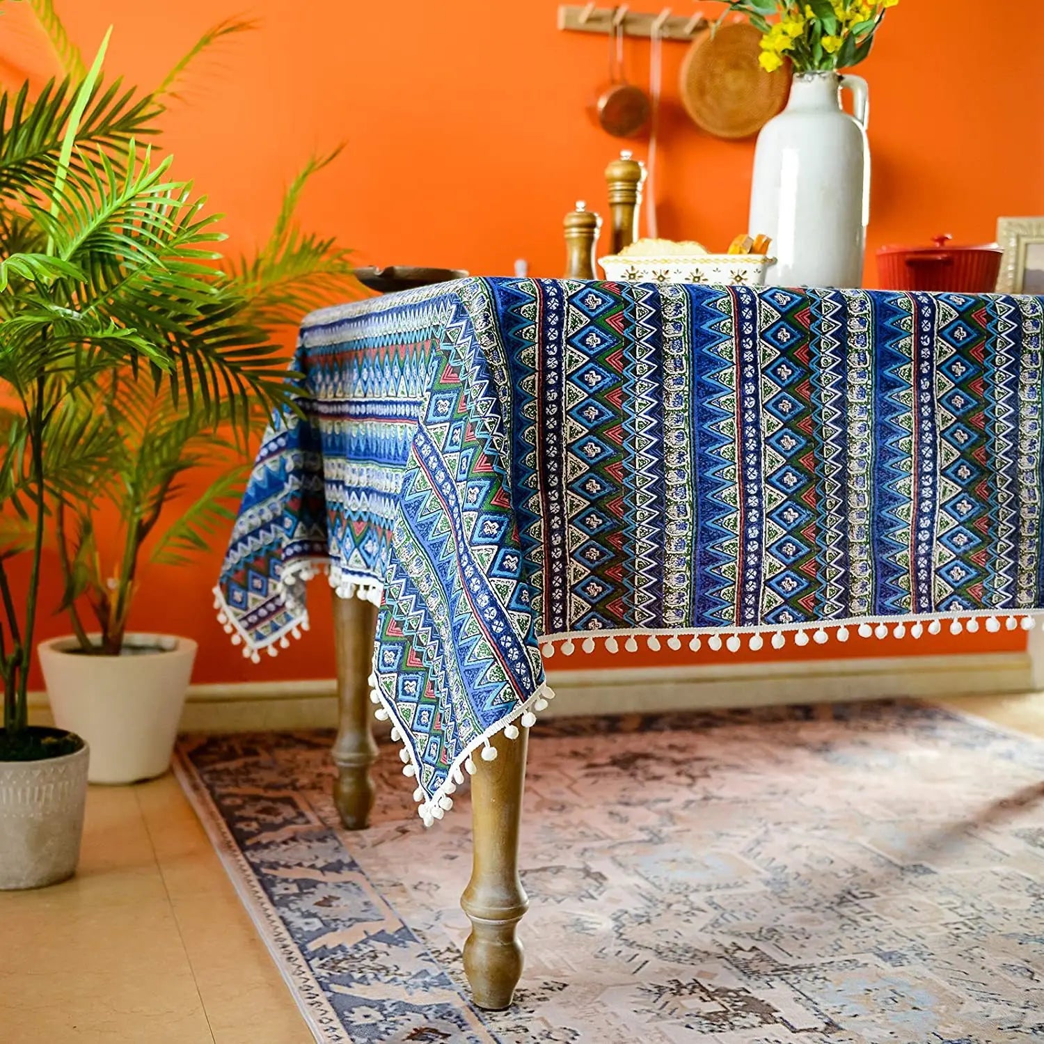 Toalha de mesa antiderrapante, estilo étnico, boêmia, festa do sudeste asiático, europeu e americano, resistente ao desgaste, algodão