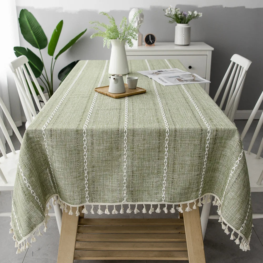 Toalha de Mesa Retangular em Algodão e Linho com Tassel - Casa Ornato