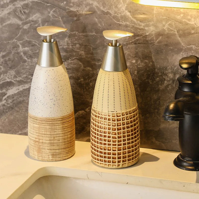 Garrafa cerâmica do distribuidor do sabão do banheiro do vintage, tipo da imprensa, recarregável, vazio, loção, champô, gel do chuveiro, 400ml