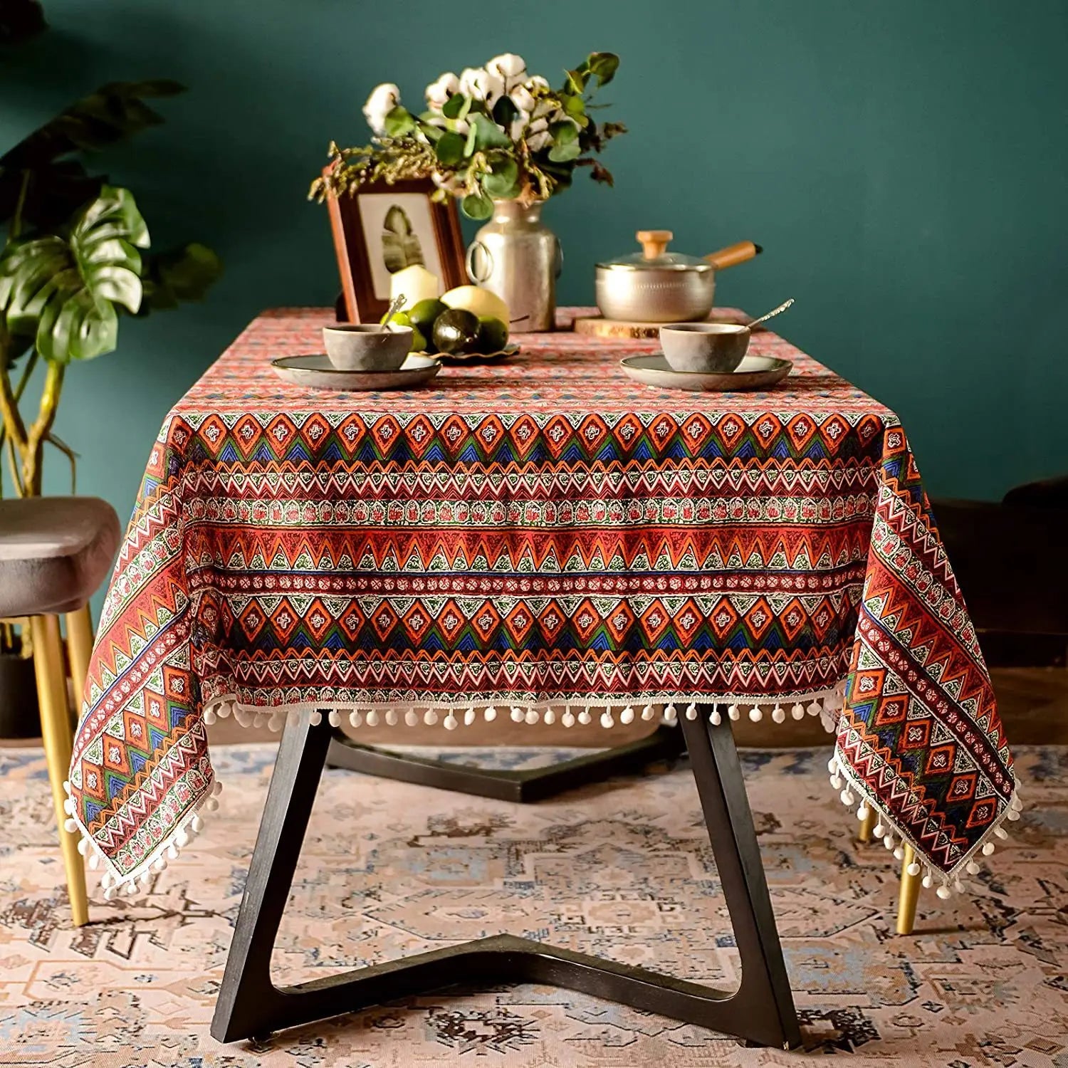 Toalha de mesa antiderrapante, estilo étnico, boêmia, festa do sudeste asiático, europeu e americano, resistente ao desgaste, algodão