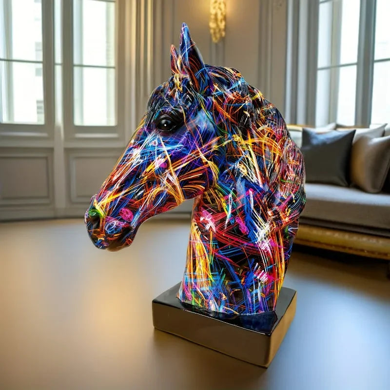 Estatueta colorida de cabeça de cavalo graffiti, arte em resina de cabeça de cavalo, artesanato moderno, escultura de cavalo para sucesso para casa/escritório