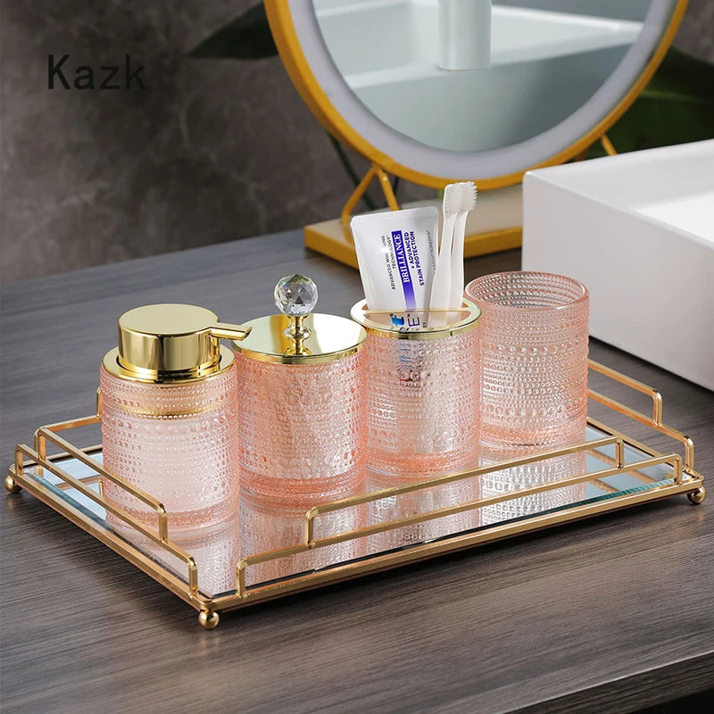 Conjunto de acessórios de banheiro de vidro rosa pérola ponto luz luxo tipo imprensa dispensador de espuma garrafa gargarejo copo armazenamento jar 4 peças conjunto