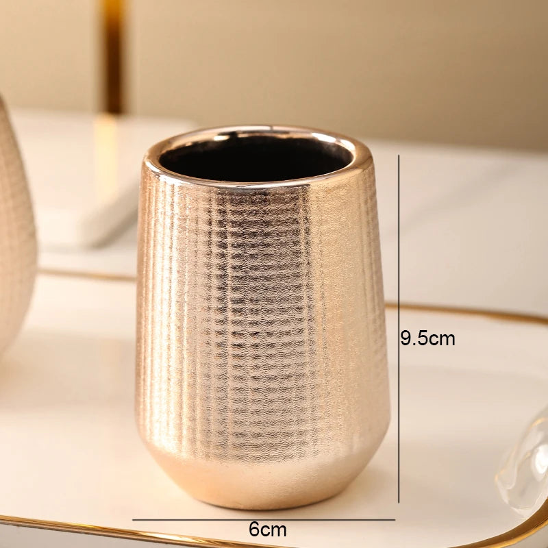 Rosa de ouro cerâmica loção garrafa bucal copo titular escova dentes casa acessórios do banheiro conjunto shampoo lavagem do corpo garrafa sabão prato