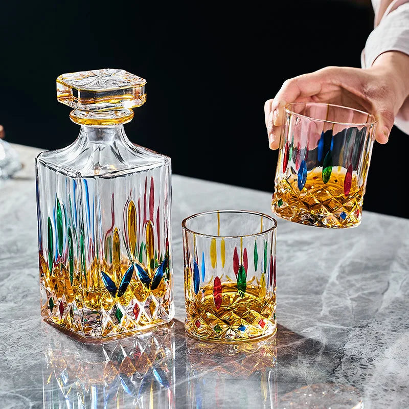 Decantador de vinho tinto de vidro de cristal, jarro de vinho estrangeiro, desenho de linha dourada, garrafa de uísque, dispensador de licor, 1 garrafa, 2 copos