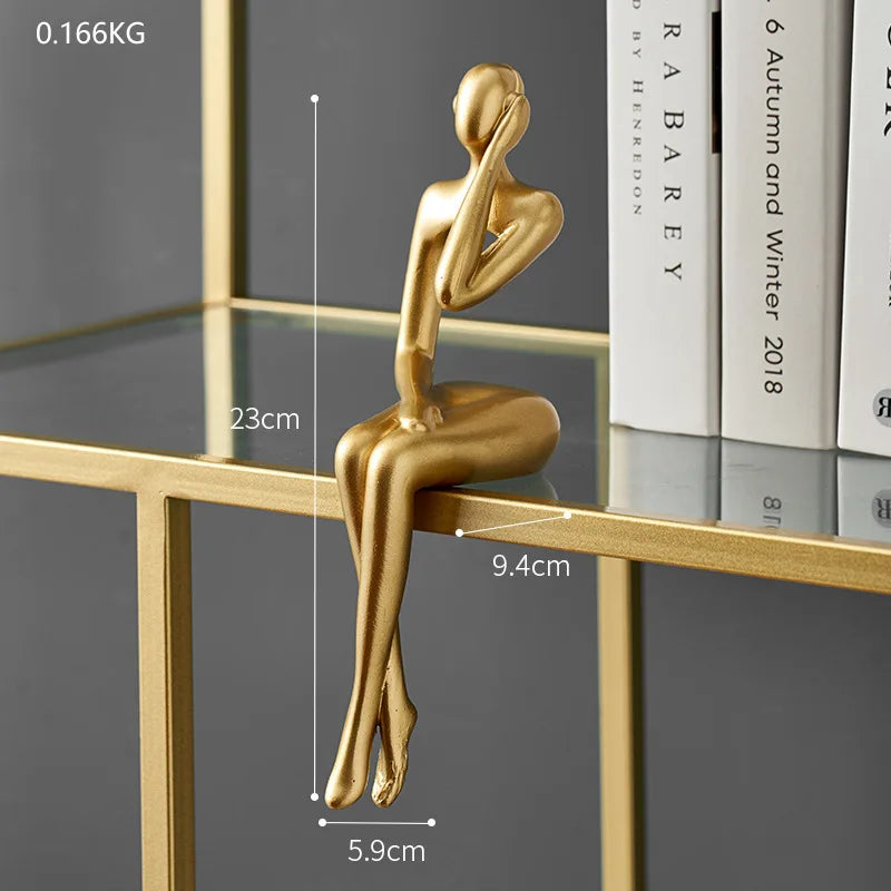 Golden Bookshelf Escultura Decorações para Sala De Estar, Figurinhas Modernas, Decoração Para Casa, Estátuas Do Pensador, Prateleira Mesa Decor