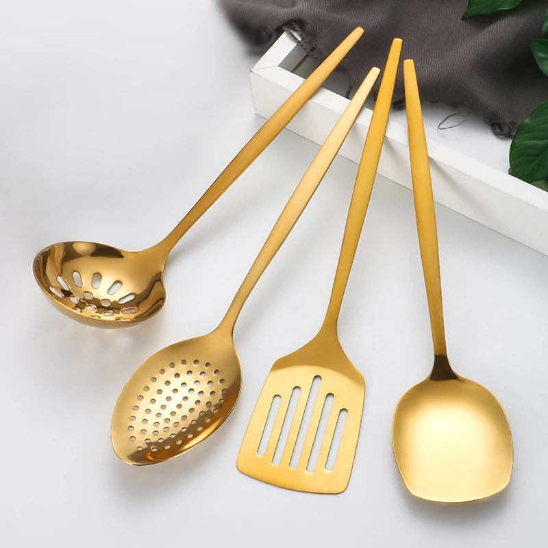 Conjunto de utensílios de cozinha utilitários de aço inoxidável, 7 peças, colher de cozinha, faca dividida doméstica, vazamento de concha de sopa, espátula de cozinha prática