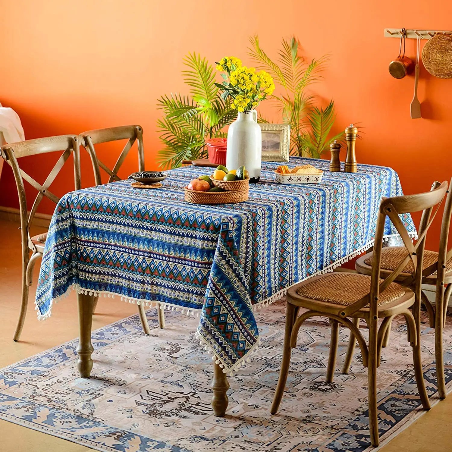 Toalha de mesa antiderrapante, estilo étnico, boêmia, festa do sudeste asiático, europeu e americano, resistente ao desgaste, algodão