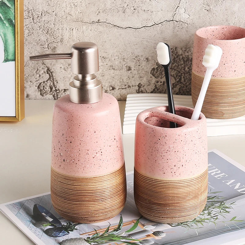 Suporte de escova de dentes de cerâmica rosa, copo de boca, dispensador de saboneteira, garrafa de loção, acessórios de banheiro, dispensador de sabão