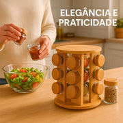 Porta Temperos Giratório Bambu com 12 Potes de Vidro Herméticos Design Sofisticado Premium