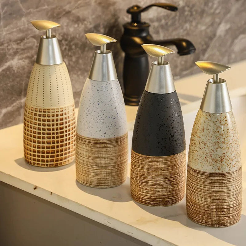Garrafa cerâmica do distribuidor do sabão do banheiro do vintage, tipo da imprensa, recarregável, vazio, loção, champô, gel do chuveiro, 400ml