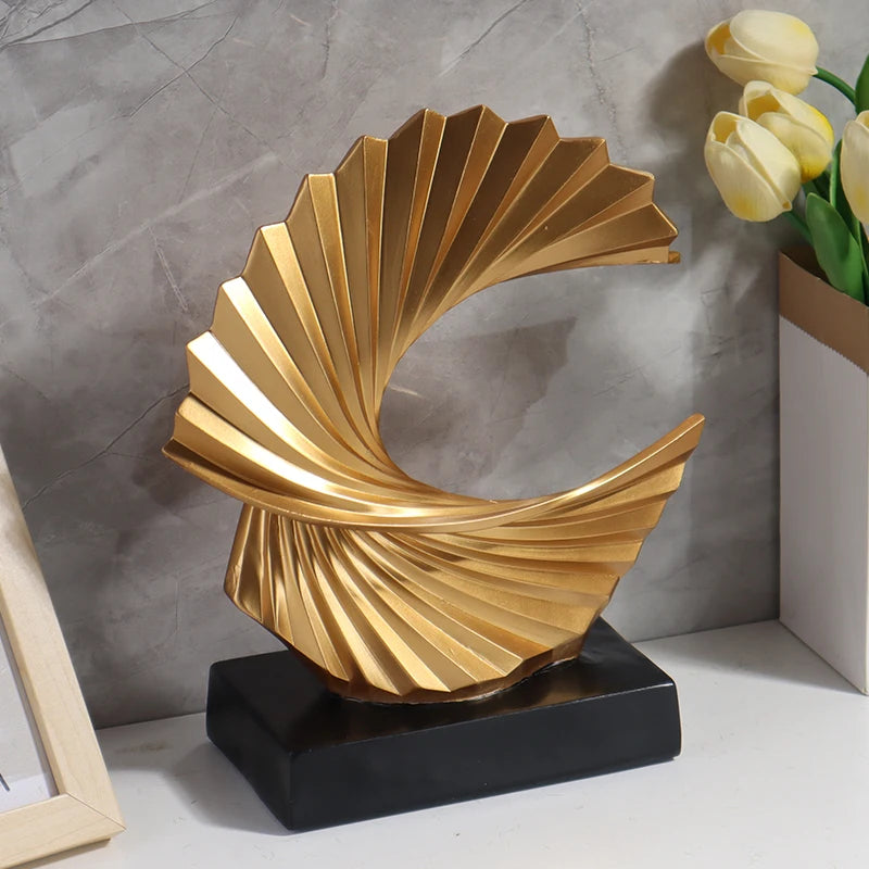 Escultura artesanal de resina onda dourada-estatueta de arte abstrata para decoração de casa, quarto, sala de estar e decorações de mesa de estudo