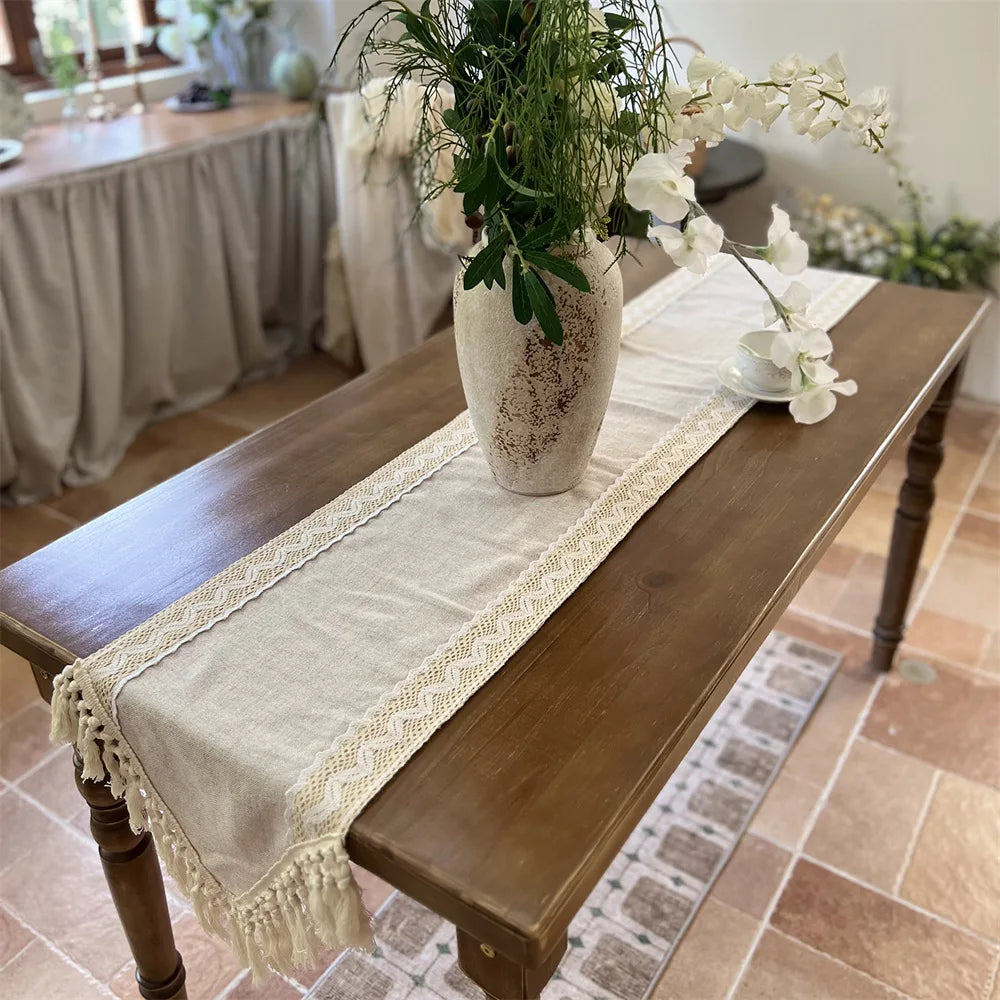 Corredor de mesa versátil, crochê, macrame, renda, borlas, bege, fazenda, pano de mesa para sala de jantar, casamento, decoração de mesa artesanal