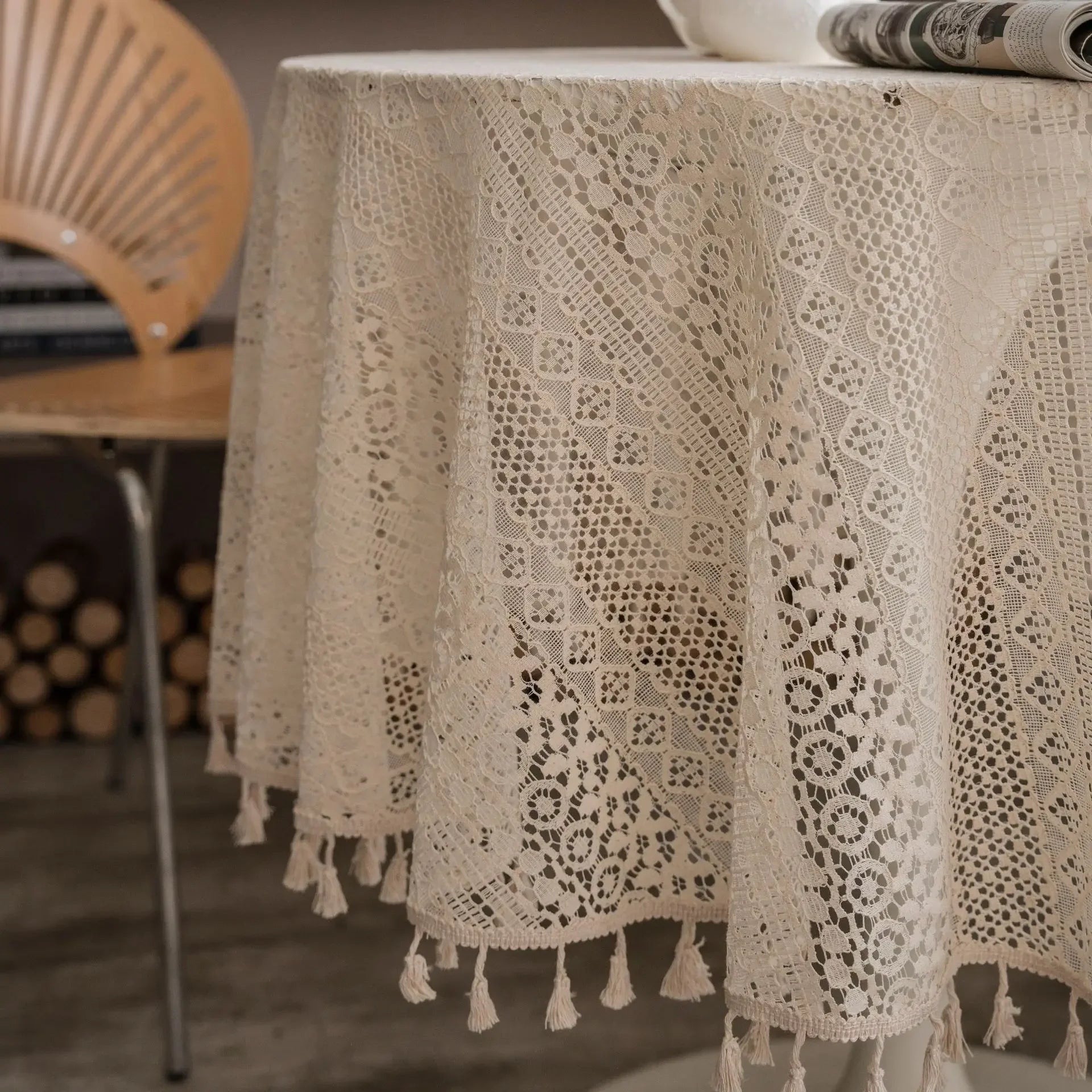 Toalha de mesa de algodão com borlas bege, fio de crochê transparente, renda translúcida para festa de casamento, cozinha, mesa de jantar decorativa