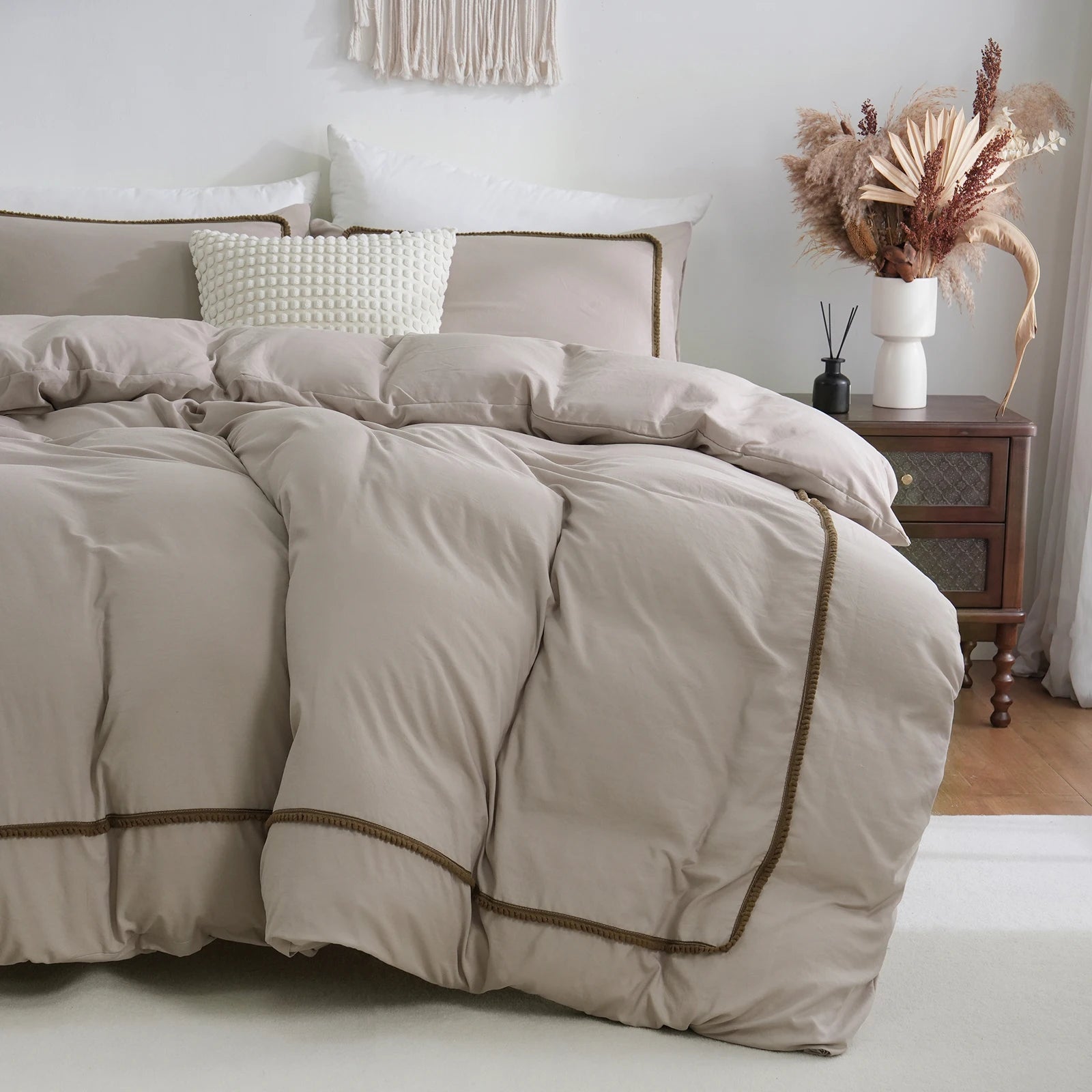 3 pçs branco e cáqui conjunto de capa edredão bola consolador capa linha geométrica conjunto cama macio leve para baixo conjunto cama toda a temporada