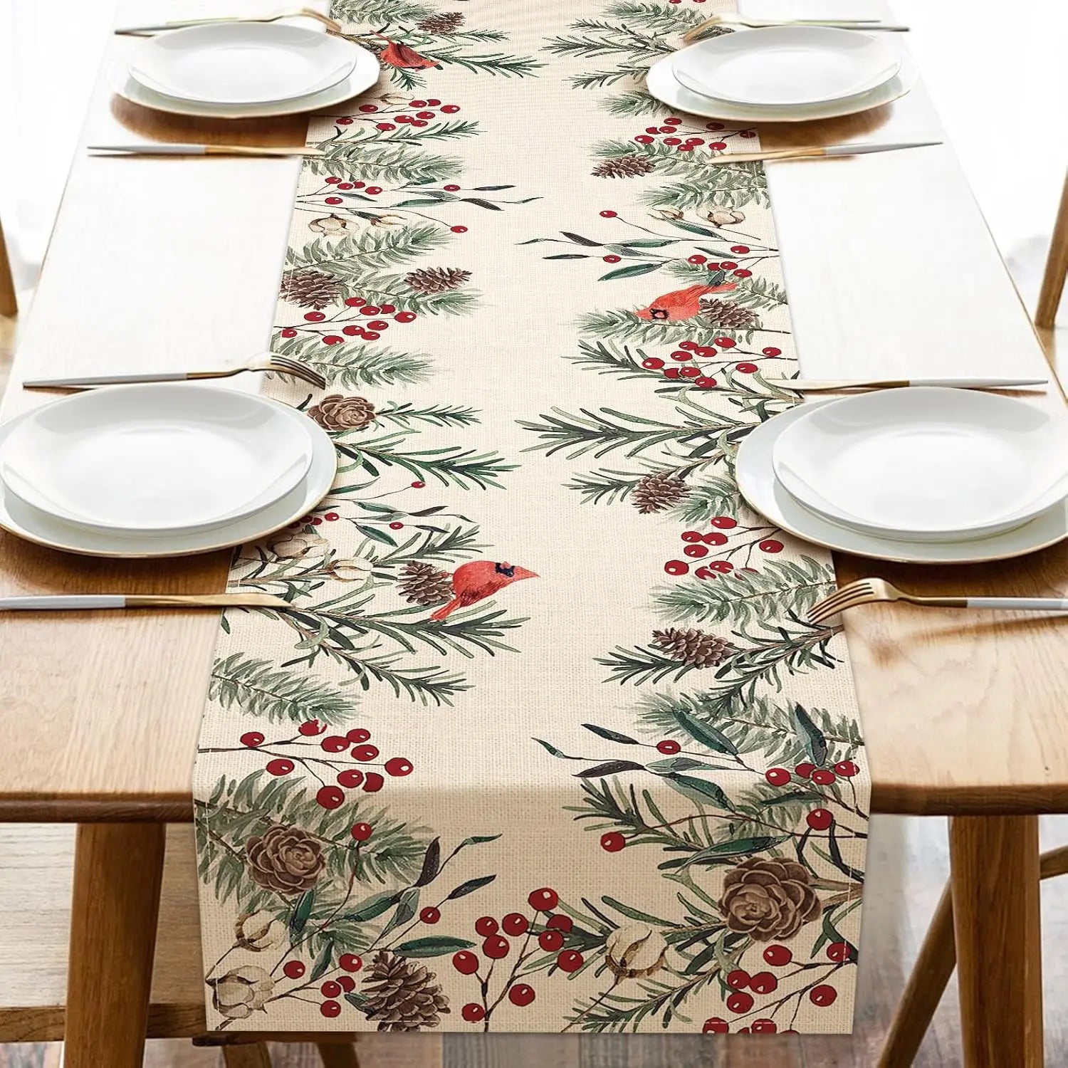 Natal pinho agulha ramos linho corredor de mesa inverno cardinal pássaros vermelhos fazenda cozinha corredor de mesa decorações de natal