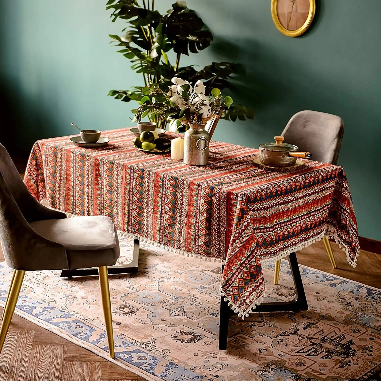 Toalha de mesa antiderrapante, estilo étnico, boêmia, festa do sudeste asiático, europeu e americano, resistente ao desgaste, algodão