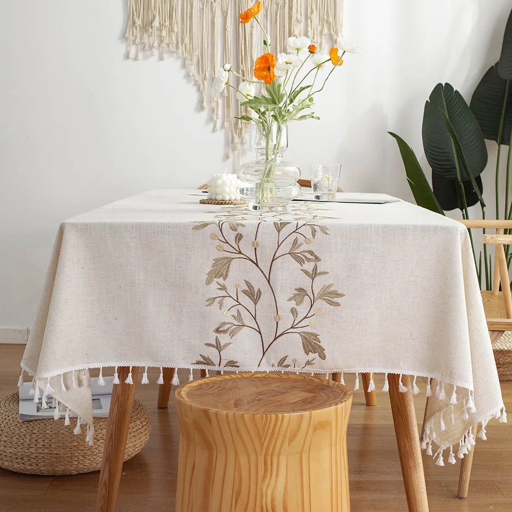 Toalhas de mesa bordadas de linho de algodão retângulo capa de mesa à prova de poeira, toalhas de mesa com padrão de flor bordada, decoração de festa