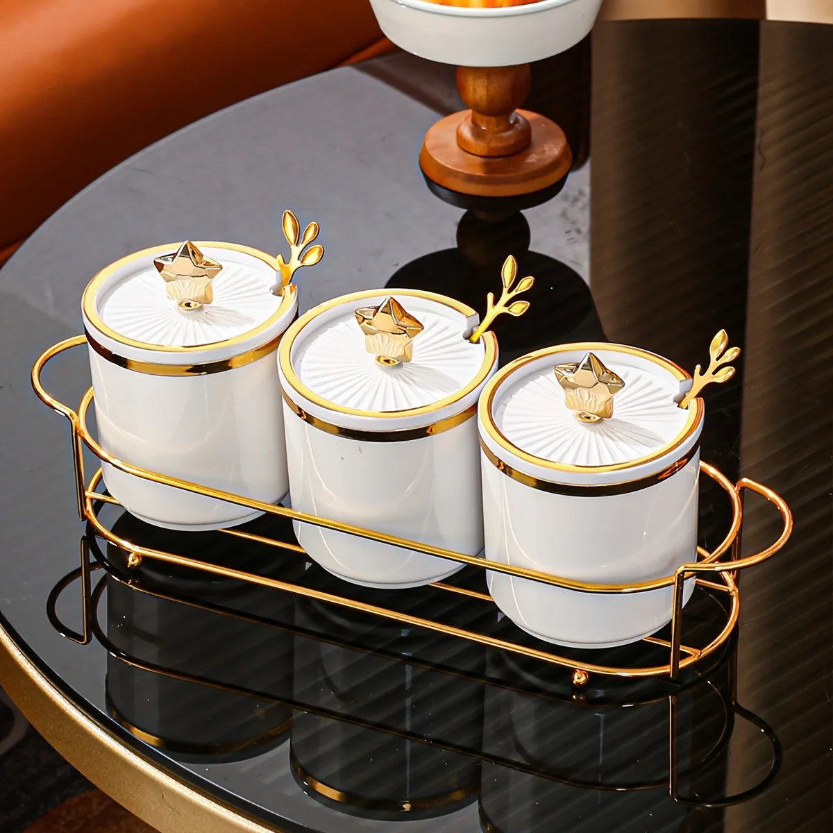 Conjunto Luxo 3 Potes de Temperos com Colher e Rack - Casa Ornato