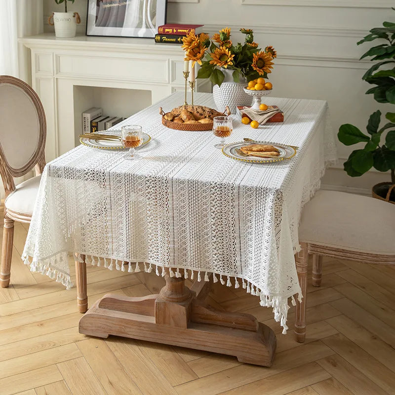 Toalha de mesa retangular de renda branca, toalha de mesa vintage com sobreposição de renda para mesa de jantar, decoração de festa de chá e casamento