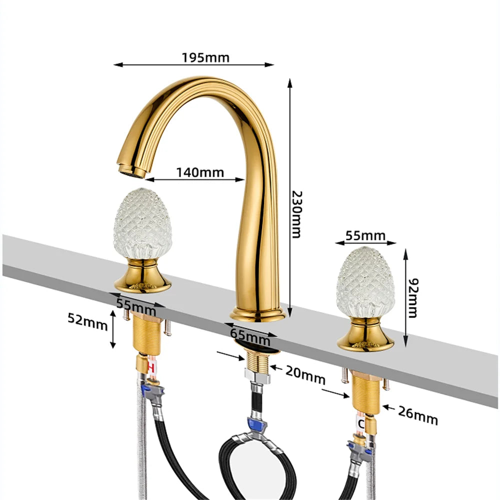 Ouro torneira do banheiro generalizada alça de cristal torneira da bacia lavabo luxo misturador da bacia quente e fria torneira da pia do chuveiro