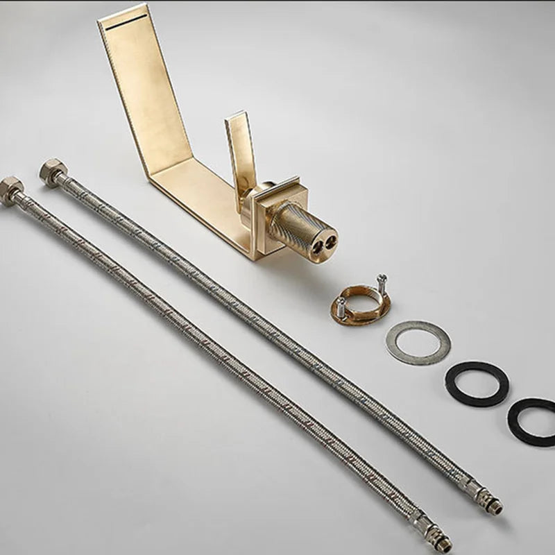 Luxo contemporâneo escovado ouro bacia de água quente & fria torneiras misturadoras pia do banheiro cachoeira bico mistura lavatório metal torneiras