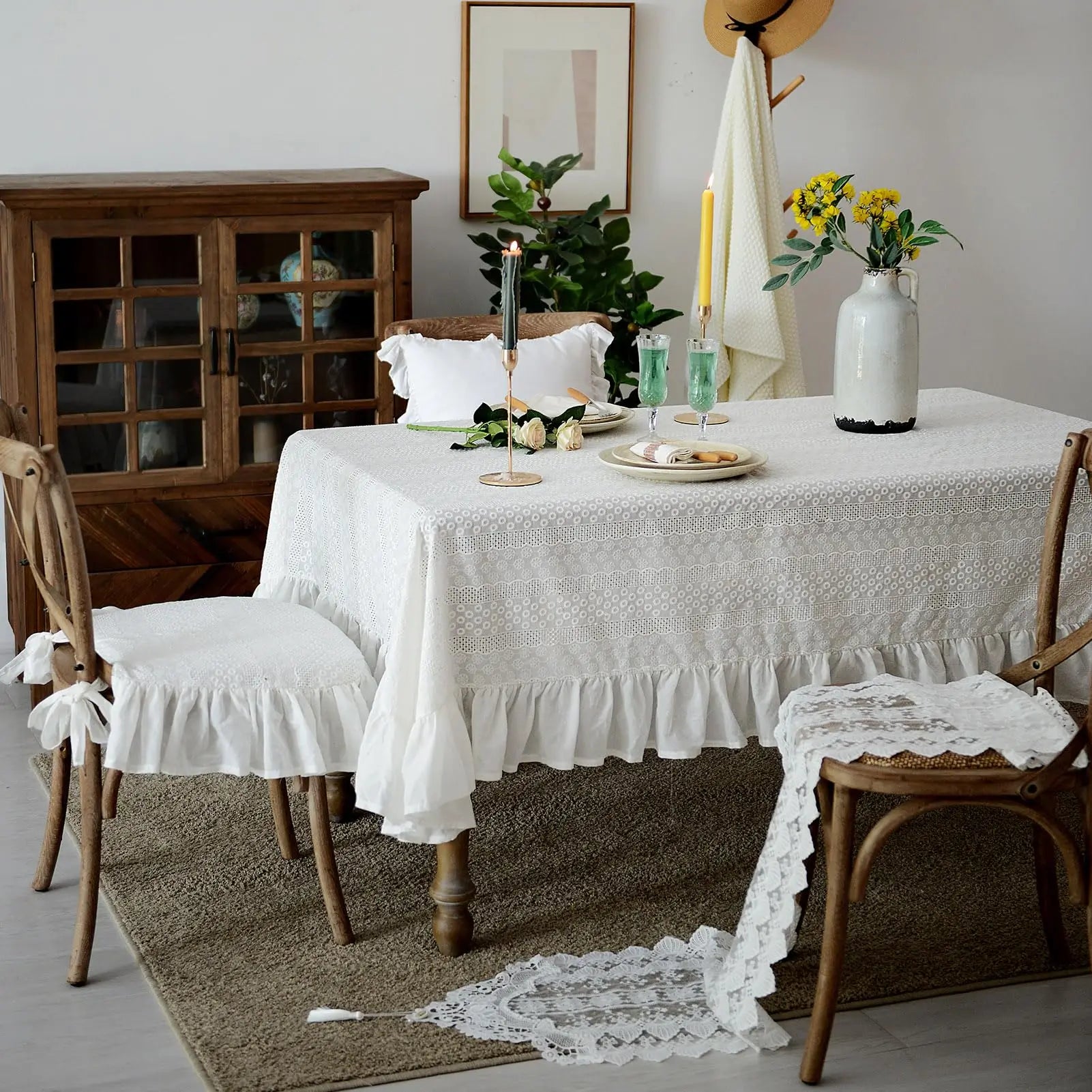 Toalha de mesa de algodão branco francês, renda bordada com babados, toalha de mesa rústica para casa, festa de feriado, natal