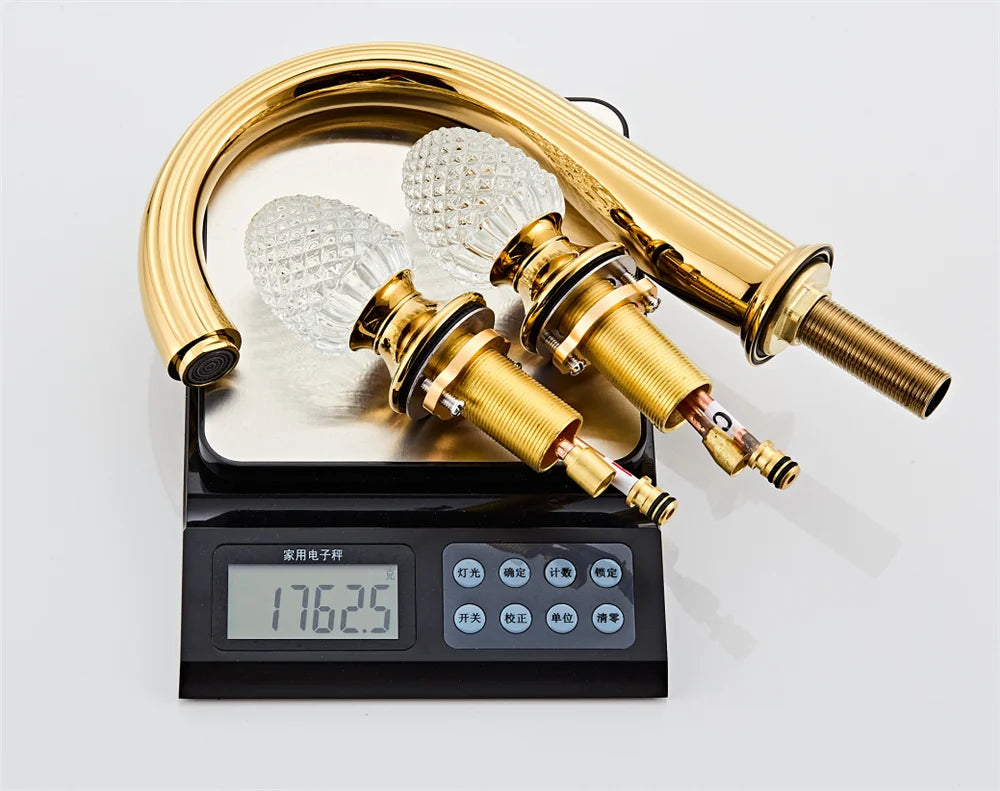 Ouro torneira do banheiro generalizada alça de cristal torneira da bacia lavabo luxo misturador da bacia quente e fria torneira da pia do chuveiro