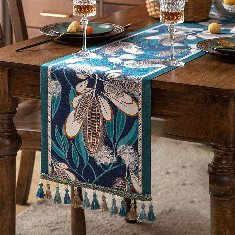 Corredor de mesa de linho elegante de designer, corredores de mesa coloridos com padrão de flores silvestres para mesas de jantar, decoração