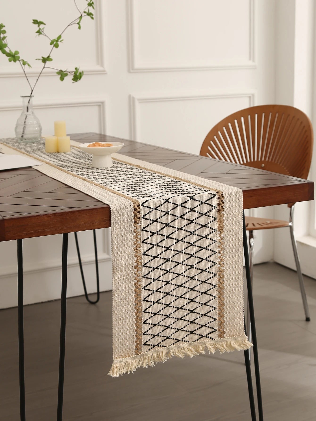 Corredor de mesa boho para decoração de casa, primavera, 72 polegadas de comprimento, corredor de mesa rústico, creme e marrom, macrame, corredor de mesa com tas