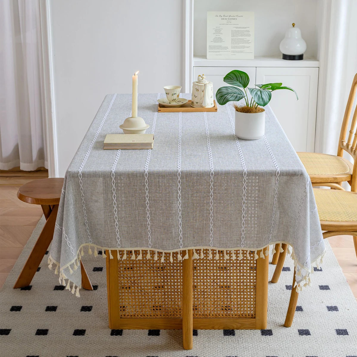 Toalha de mesa boho, algodão, linho, retângulo, lavável, resistente a rugas, para jantar, festa, capa decorativa
