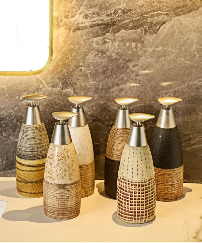 Garrafa cerâmica do distribuidor do sabão do banheiro do vintage, tipo da imprensa, recarregável, vazio, loção, champô, gel do chuveiro, 400ml